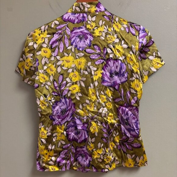St. John Women Silk Top Sz 4 Button Floral Purple Ruffle Old Money Quiet Luxury - Picture 3 of 9